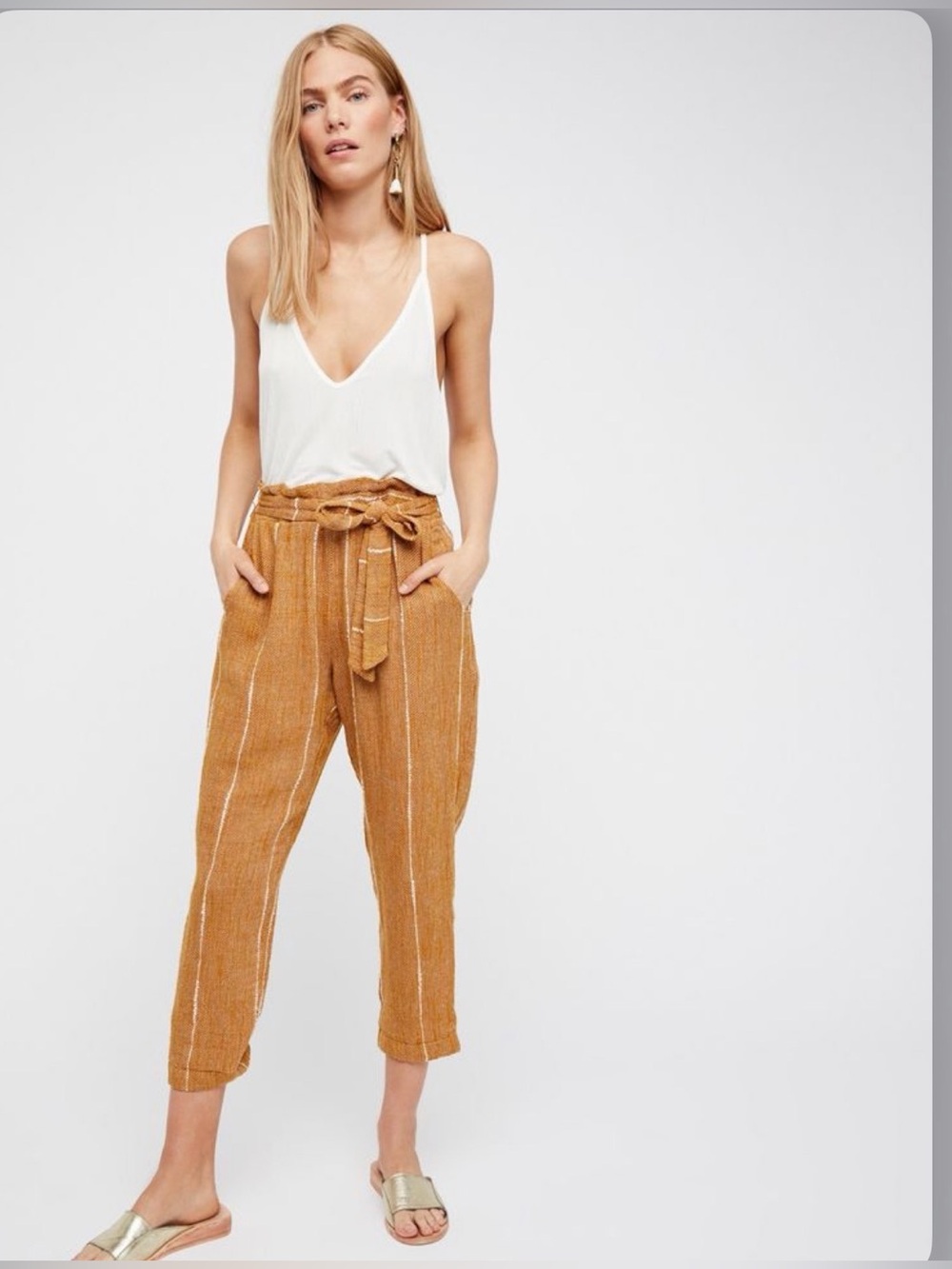 Free People Mustard Yellow Striped Tie Waist Pants Size 2